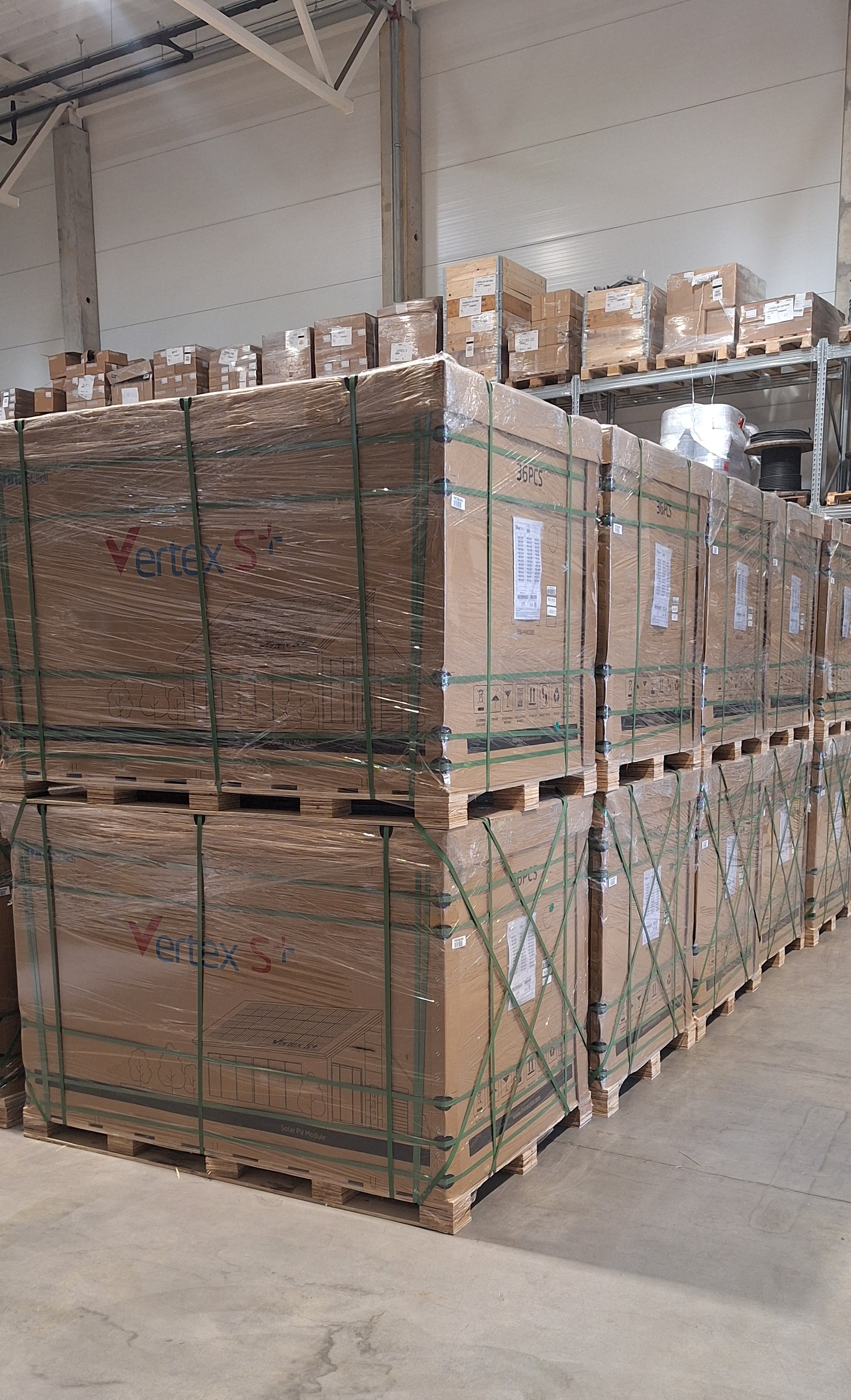 Trina Solar Vertex S+ pallets in Kaunas warehouse